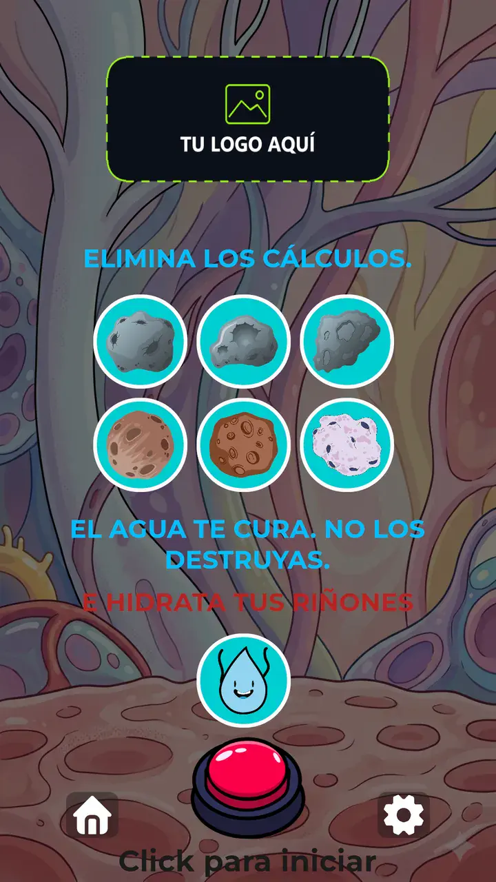Pantalla de instrucciones del juego de reflejos con un marcador para el logo del cliente