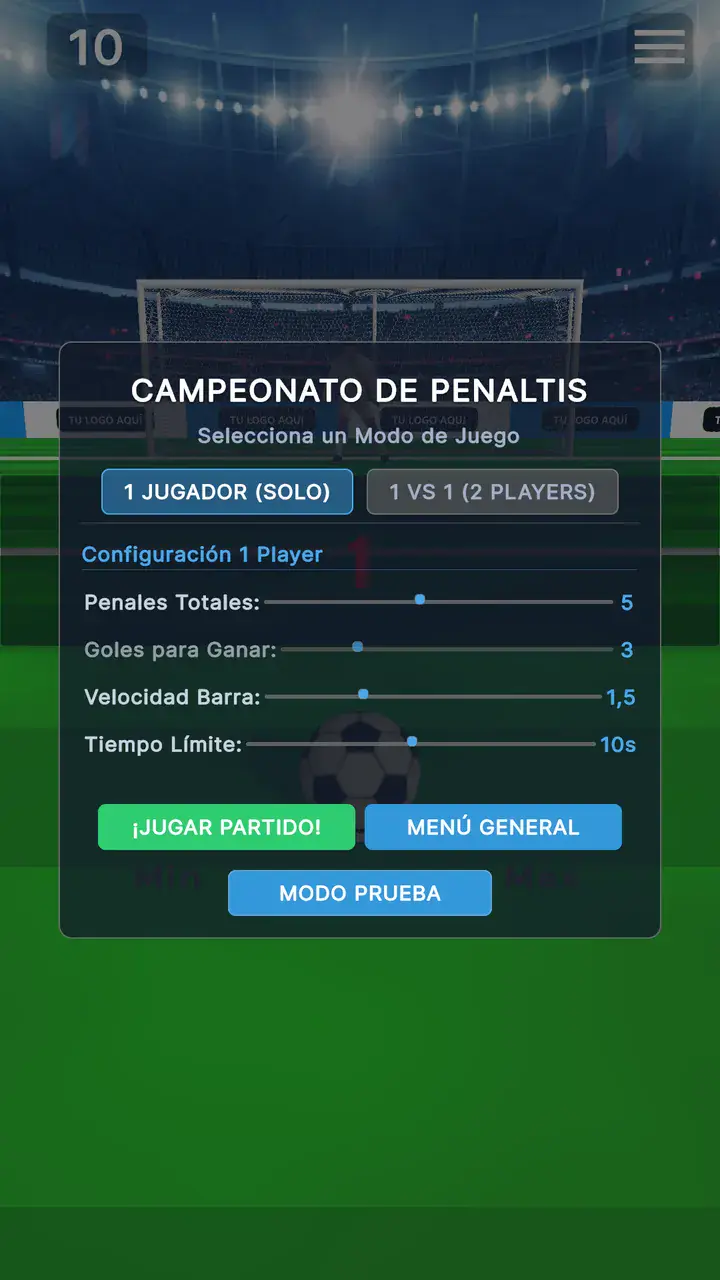 Menú de Penales para elegir el modo de juego y configurar los tiros